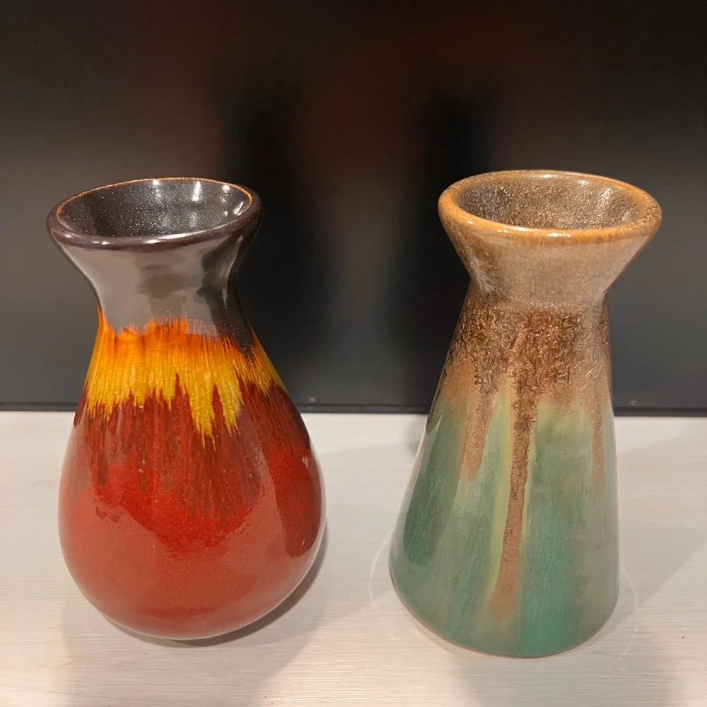 Art Pottery Drip Glaze Vases Burgundy Brown Green Gold Both Approx 4.5”‎ Height